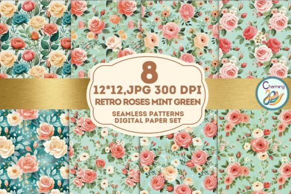 Download Seamless Paper: Retro Roses Mint Green - Seamless Collection
