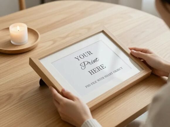 Download Horizontal Wood Frame Mockup on Table - Horizontal wood Collection